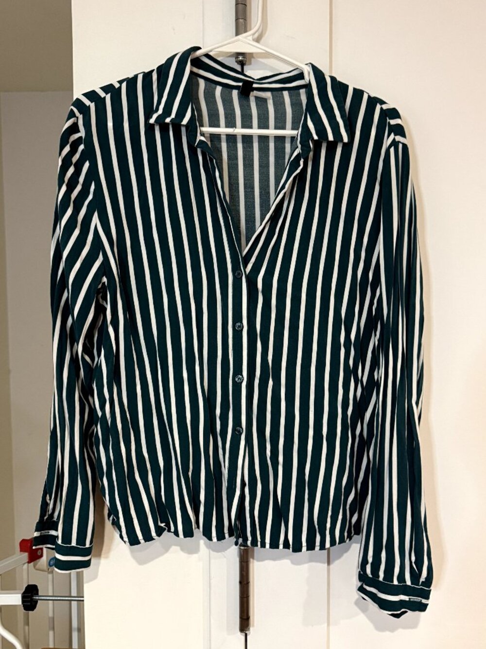 Green and white stripe button down
